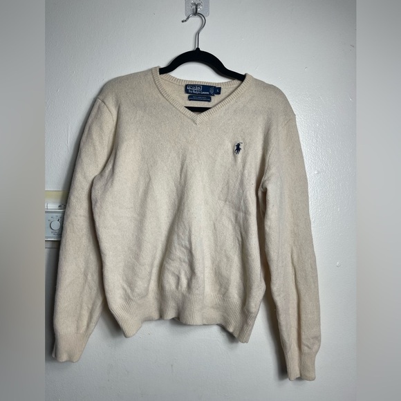 Polo by Ralph Lauren v neck Sweater, Lambswool, cream Size L - Picture 2 of 6
